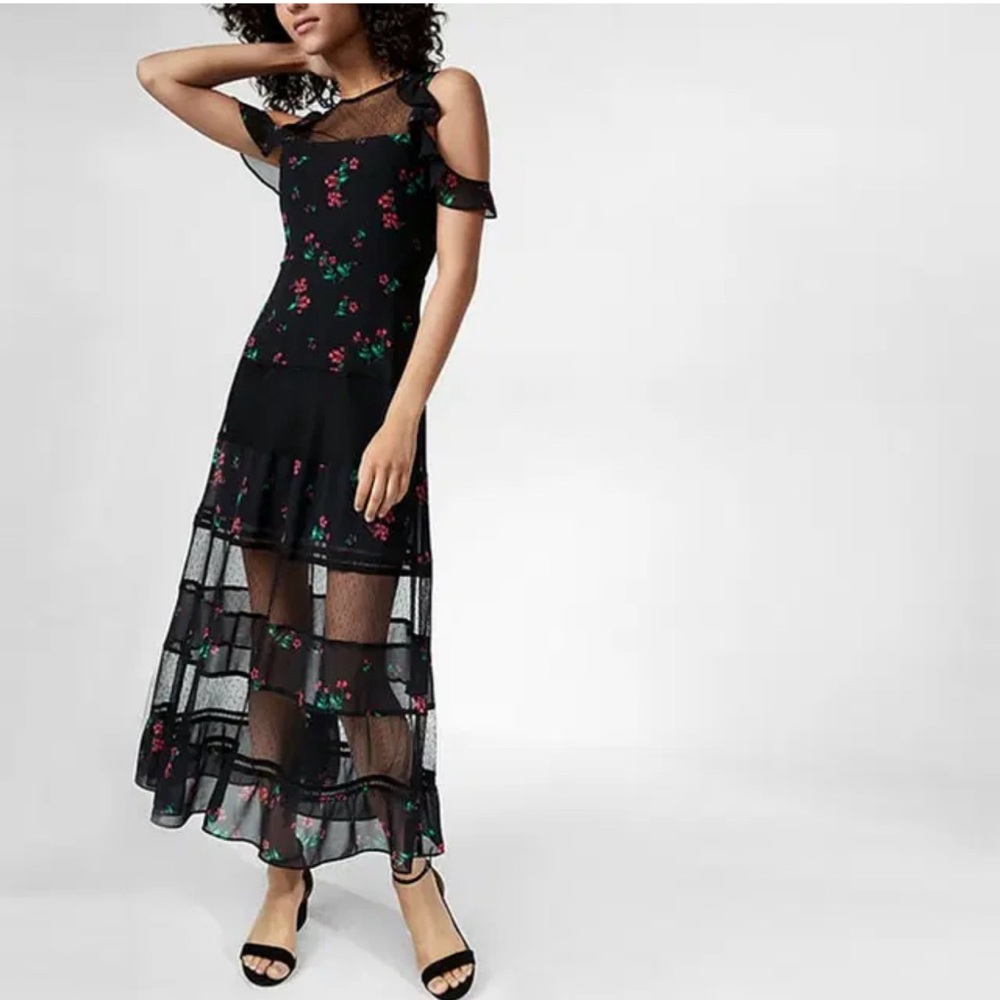 Express Ruffles Floral w/ Sheer Panels Black Maxi Dress 2